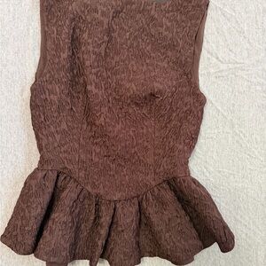 Zara Chocolate Frilled Jacquard Ruffled Hem Top